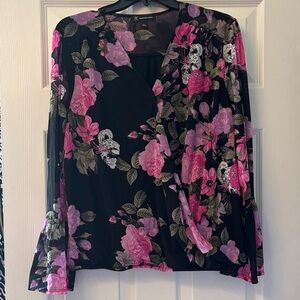 INC International Concepts Black Floral Faux-Wrap Blouse with Pink Roses
